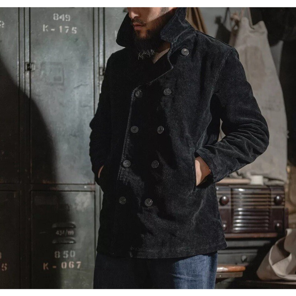Bronson Black Corduroy Peacoat Double-Breast M Men's Jacket Naval Sailor Reefer